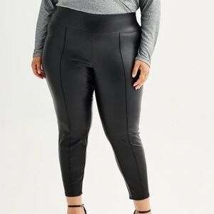 Nine West Women 5X LONG Black Mid-Rise Faux Leather Seamed Ponte Leggings NWT